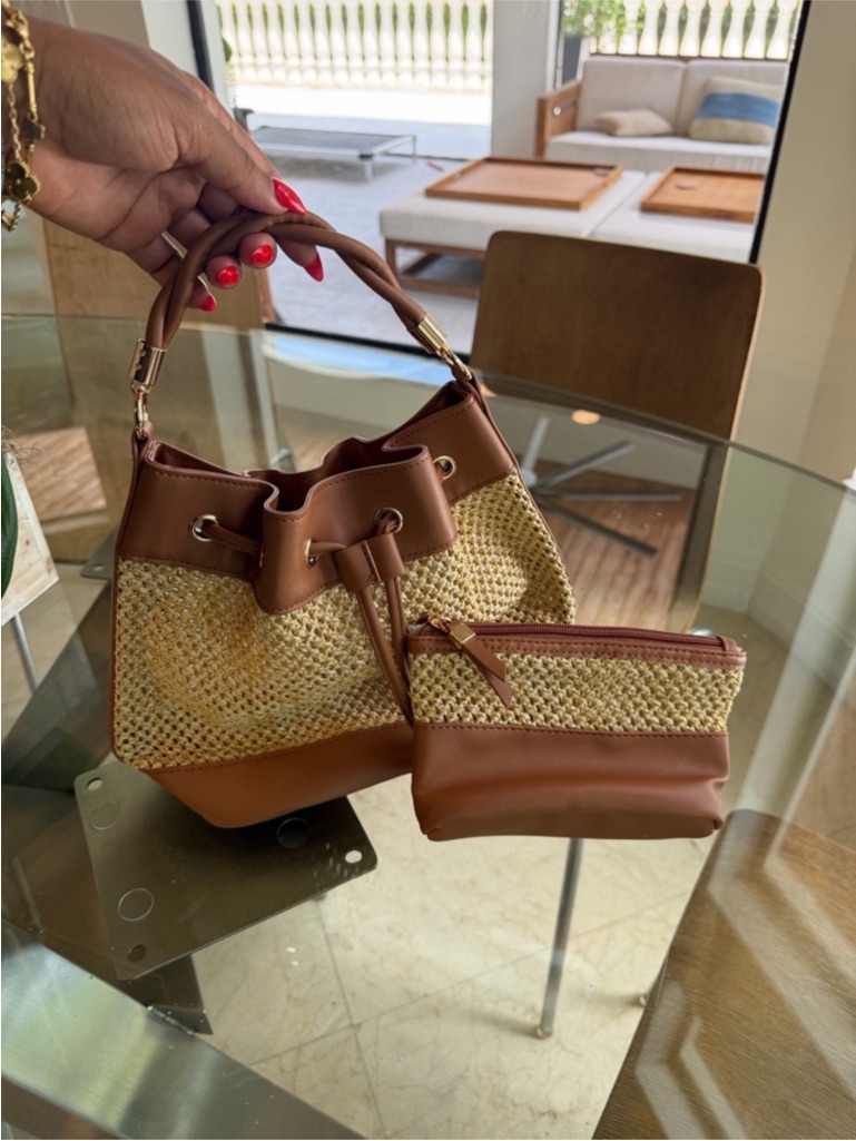 Saks Woven Straw Brown Bucket Bag With Pouch — image 3 of 3